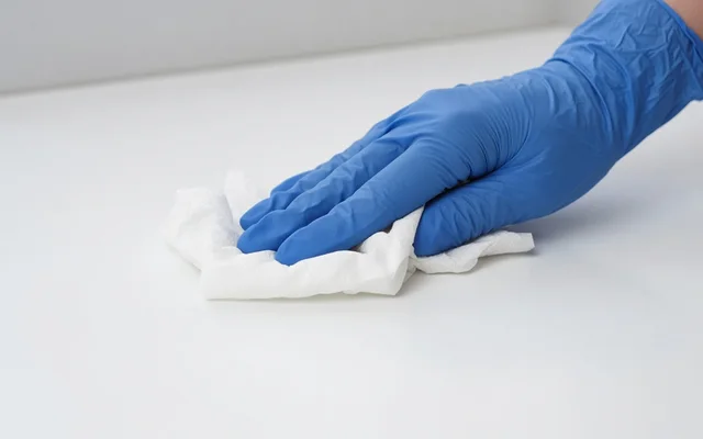 Gloved hand wiping a surface dry with a paper towel