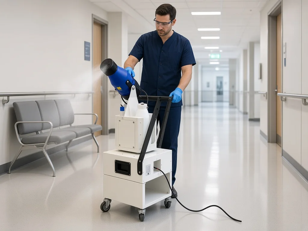 Cleaner operating the MicroSafe 360 in an empty hospital corridor