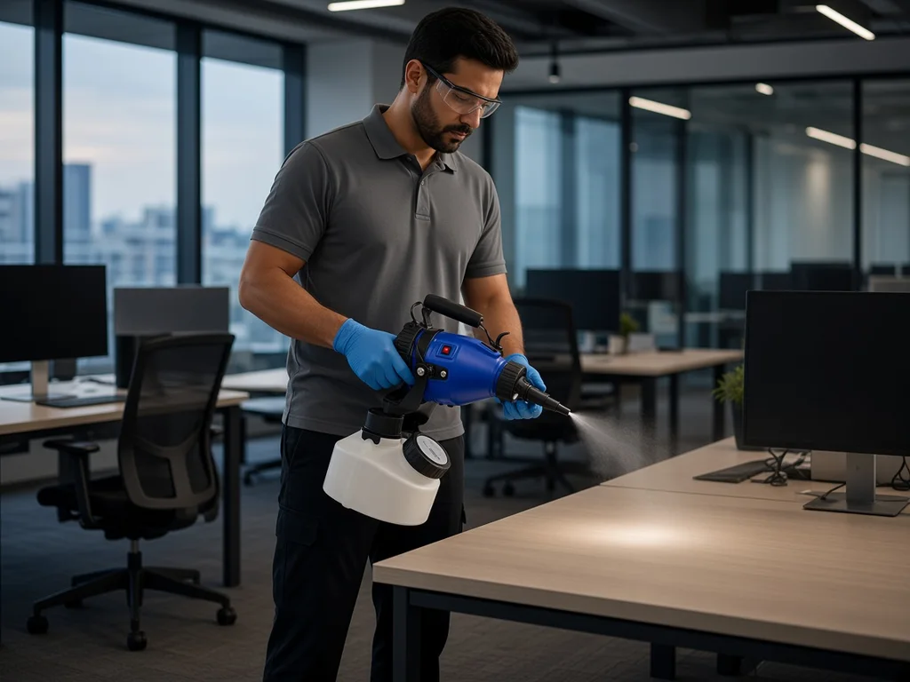 Cleaner using the handheld misting machine in an empty office